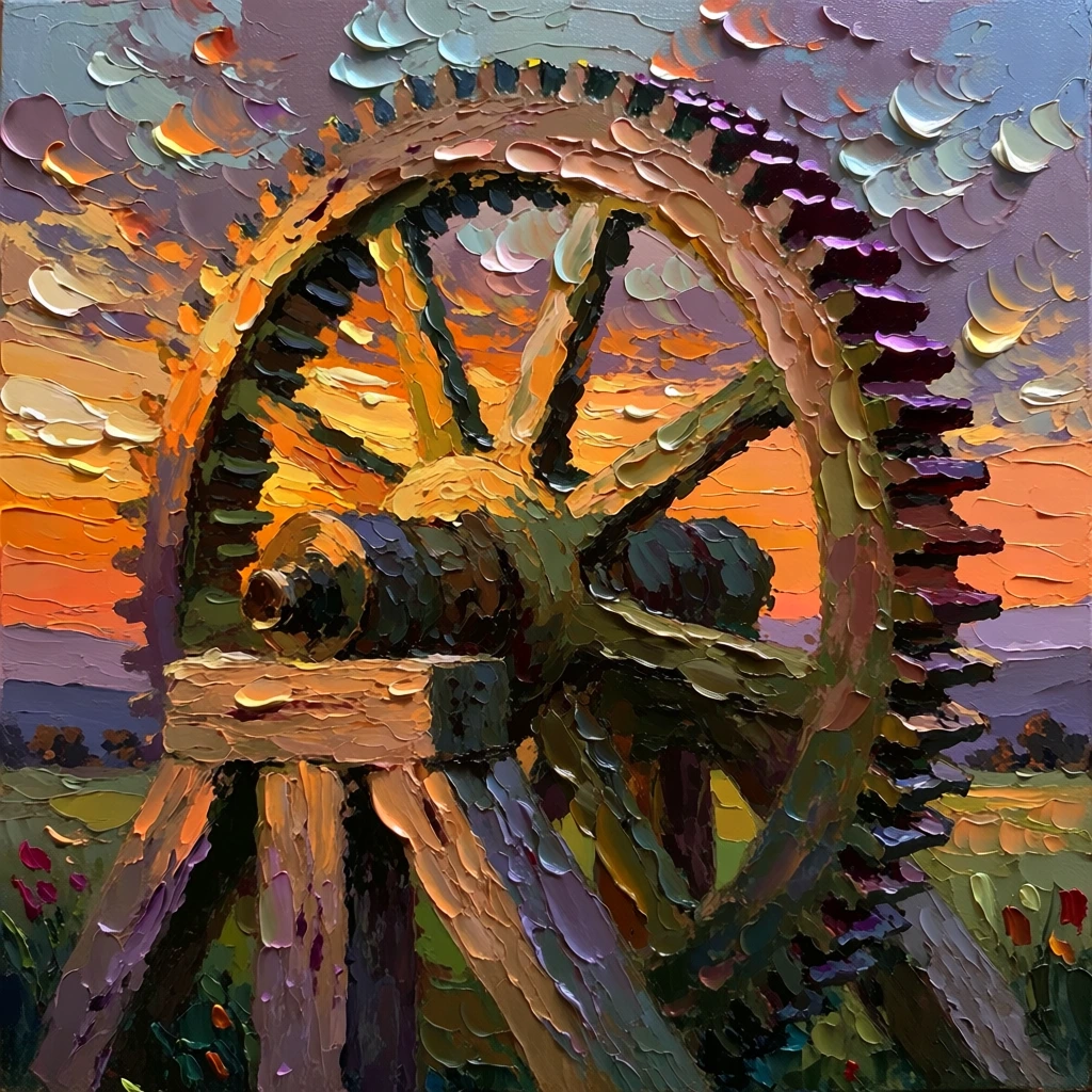 an impasto oil painting of a large wooden gear with spokes radiating from a central hub to a toothed outer rim supported by a timber framework, heavy palette knife application with thick raised ridges of paint, vibrant sunset-inspired palette of ochre and cadmium orange with deep violet shadows, high-contrast warm highlights on every tooth and grain, rhythmic post-impressionist strokes, tactile three-dimensional texture, dramatic golden hour lighting, expressive and painterly aesthetic