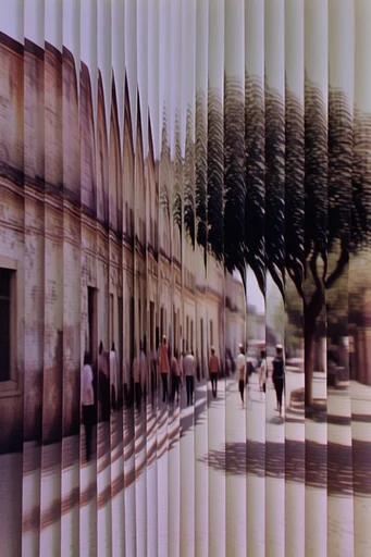 Fragmented Optical Surrealism style reference image — slit-scan vertical fragmentation