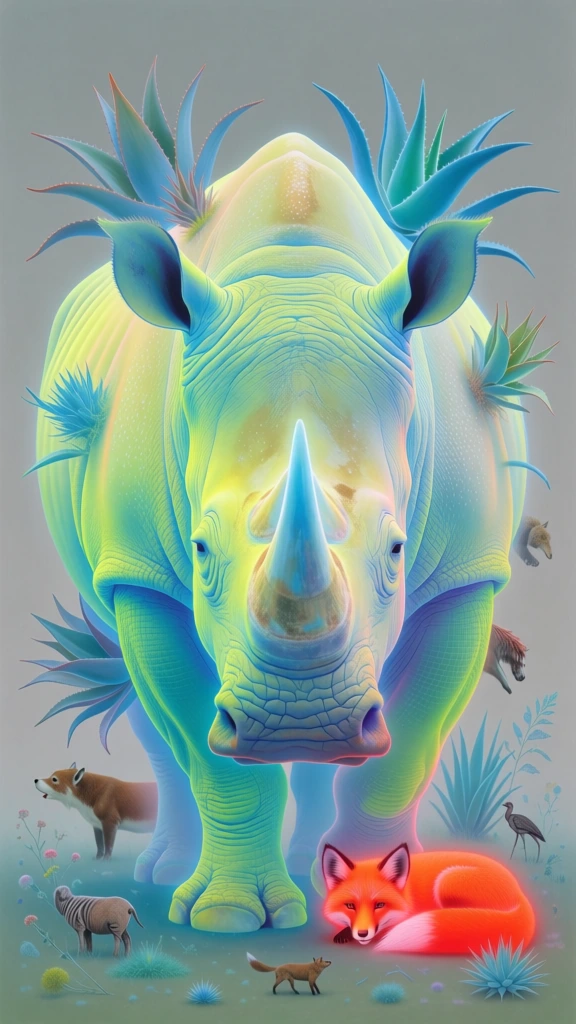 a rhinoceros stands at the center of a surreal gathering of animals and plants, rendered in a soft ethereal digital painting style, neon yellow-green and turquoise iridescent palette, soft pink and coral accents, hazy diffused lighting with internal luminescence, translucent layers, fine grid-like textures on the skin and leaves, dreamlike atmosphere, muted grey studio background, glowing edges, pastel neon hues, intricate organic details, surrealist composition, high-end cgi aesthetic
