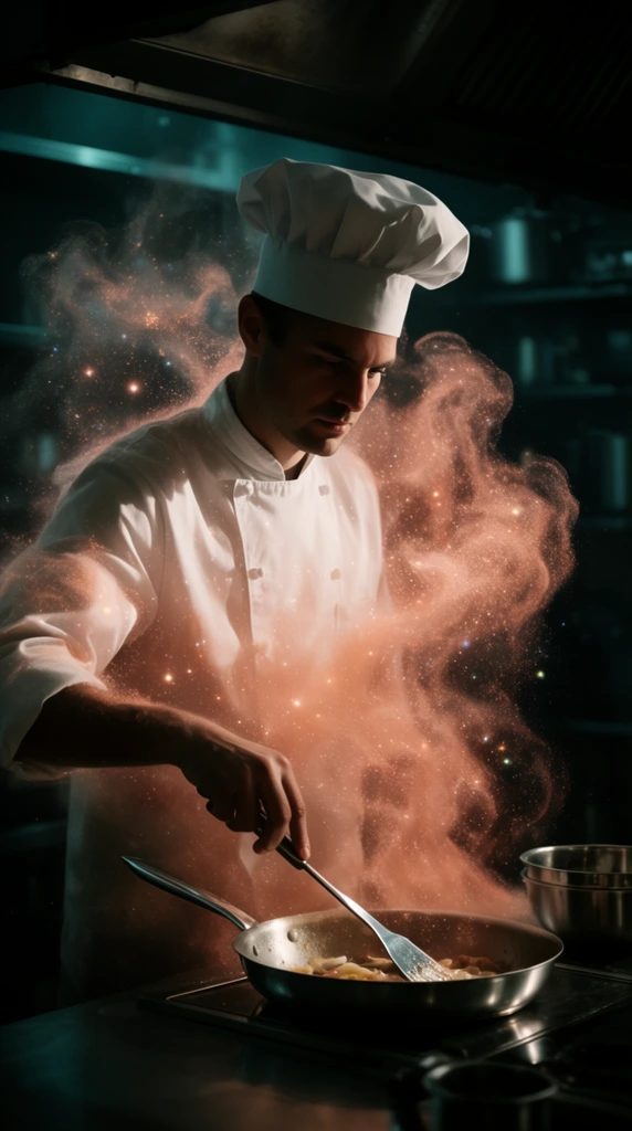 A chef in a white double-breasted coat and toque intently stirs a stainless steel pan in a dark industrial kitchen. A surreal, swirling cloud of copper-colored glowing dust and sparkling star-like particles envelops his upper body and the workstation. He wields a long metal spatula with precision. Deep moody shadows with cool teal highlights define the background equipment, creating a striking cinematic contrast against the warm ethereal aura radiating from the magical smoke. Dramatic chiaroscuro lighting emphasizes the mystical culinary action.