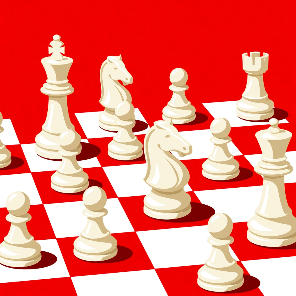 A bold vector illustration of glossy white chess pieces scattered across a red and white checkered board against a solid vivid red background. The knights, rooks, kings, and pawns feature creamy off-white bodies with crisp cel-shaded beige contours and stark white highlights. Sharp dark red drop shadows anchor the pieces to the alternating squares. The dynamic high-angle perspective emphasizes a striking two-color graphic design aesthetic with smooth vector curves.