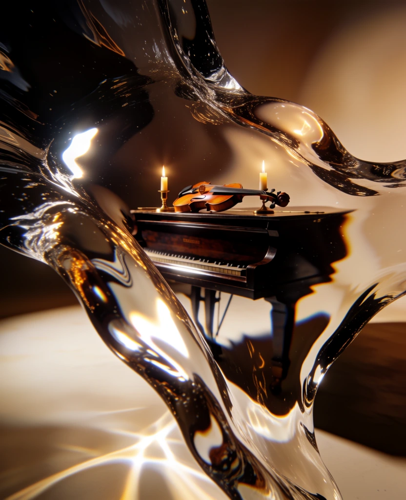 a grand piano with a violin resting on top next to two lit candles in holders, captured through a heavy viscous liquid lens, fluid refraction, warped glass distortion, caustic light refractions, organic flowing shapes, high-contrast palette of deep ebony and molten amber, macro perspective, soft diffused studio lighting, painterly digital rendering, chromatic aberration, mercurial surface tension, elegant dreamlike abstraction, smooth specular highlights, blurred edges