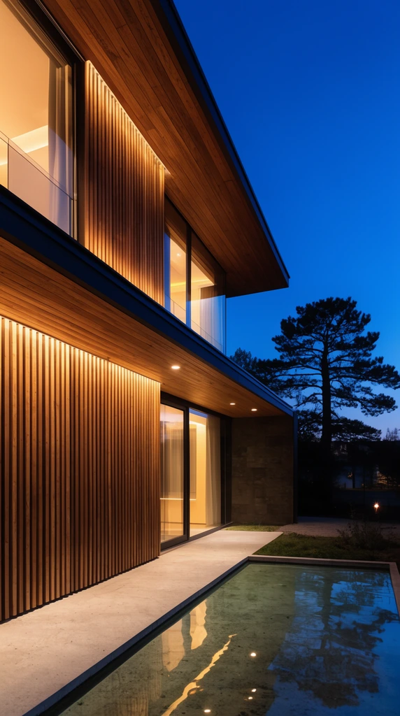 A glowing modern architectural house exterior at twilight. The facade features warm vertical wooden slats, deep wood-paneled eaves, and large windows. A shallow reflecting pool sits beside a concrete walkway. A silhouetted pine tree contrasts the deep blue evening sky.