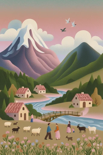 Textured Folk Surrealism style reference image — flat vector illustration