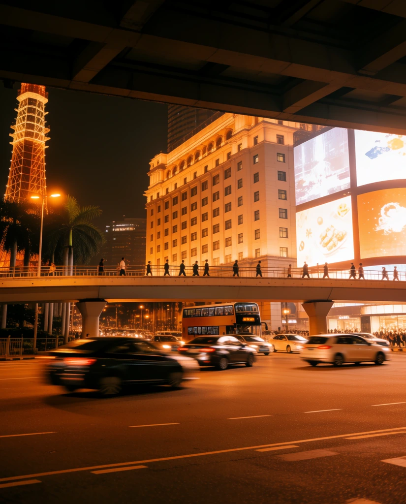 A bustling night city intersection bathed in warm amber light, viewed from beneath a dark architectural overhang. Fast-moving cars and a double-decker bus streak across the foreground with dynamic motion blur. Silhouetted pedestrians walk across an elevated concrete overpass spanning the wide street. Behind them, a massive illuminated multi-story building stands beside glowing digital billboards on the right, while a luminous lattice tower rises on the left among palm trees. The low-angle cinematic composition features a warm filmic aesthetic with dominant orange hues.