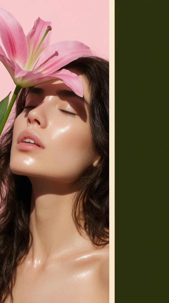 A split composition featuring a serene portrait of a woman on the left and a solid dark olive green color block on the right. The woman has glowing dewy skin, slightly parted lips, and dark wavy hair falling over bare shoulders. Her head is tilted back with eyes closed. A large pink lily with a thick green stem is held against her forehead, casting a sharp, distinct shadow across her closed eye and upper cheek. Set against a soft pastel pink background, the portrait features hard, direct studio lighting that produces crisp shadows and bright specular highlights on her chin and collarbone. The layout is divided by a thin vertical cream-colored stripe, separating the high-contrast, luminous beauty photography from the flat, minimalist dark green expanse.