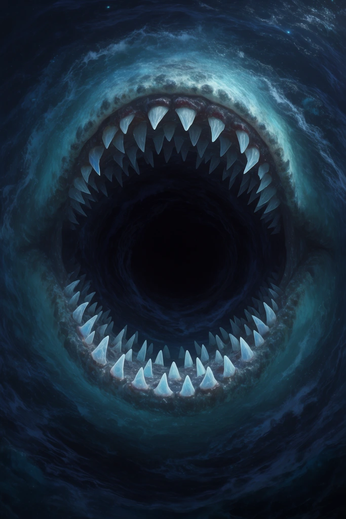 massive circular maw of a colossal sea monster viewed head-on, gaping open to a pitch black abyss, multiple concentric rows of jagged triangular teeth, translucent icy pale blue fangs, swirling dark oceanic vortex, churning deep sea water, dark navy and aquamarine color palette, dramatic cinematic lighting, photorealistic fantasy concept art, heavy vignette, cosmic horror atmosphere