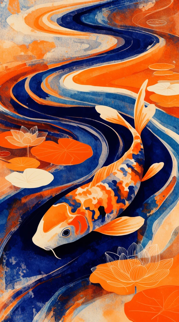 abstract topographical landscape forming a giant koi fish, deep indigo and vibrant tangerine winding rivers, floating orange and cream lily pads, delicate outlined lotus flowers, risograph texture, distressed watercolor washes, fluid sweeping curves, bold color blocking, surreal nature fusion