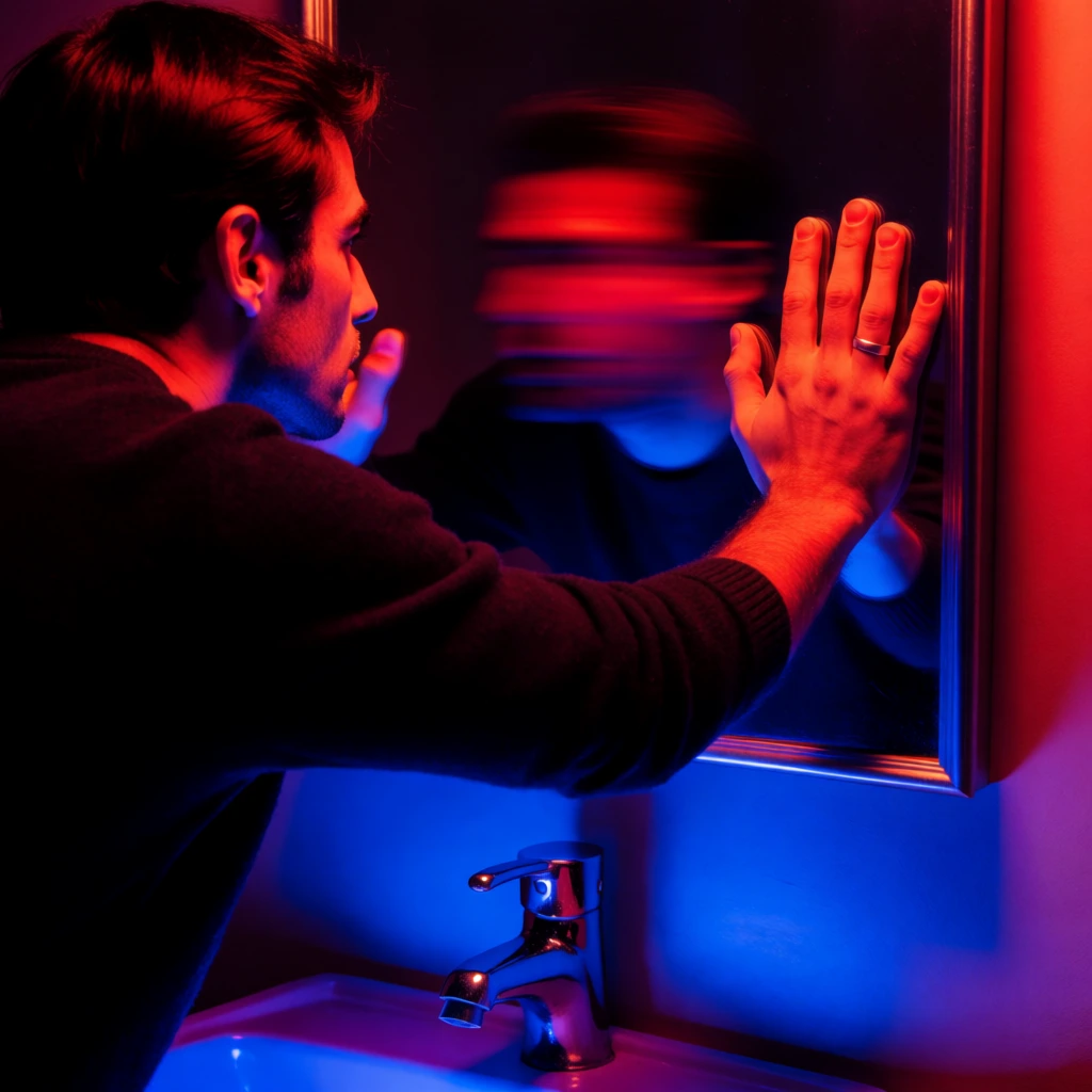 A man with dark hair leans toward a bathroom mirror, his right hand pressed firmly against the glass while his reflection appears as a blurred, ghostly silhouette under vibrant red and blue lighting. Positioned on the left side of the frame and seen from a rear-profile perspective, the man wears a dark, long-sleeved sweater. His right arm extends toward the rectangular, silver-framed mirror, and a simple silver band is visible on his ring finger. The reflection of his head is heavily distorted by motion blur, creating a smear of red and dark blue across the center of the mirror. Below the mirror, a polished chrome faucet sits atop a sink that is partially visible at the bottom of the frame. The scene is defined by a high-contrast, dual-tone lighting scheme: a brilliant red light illuminates the man’s hair, shoulder, and the right side of his hand, while a saturated blue light casts a deep glow over the lower wall, the faucet, and the interior of the sink. The background is mostly dark and indistinct, focusing attention on the interaction between the man and his blurred reflection. The composition utilizes a close-up angle and a long-exposure effect to capture the movement within the mirror's surface.