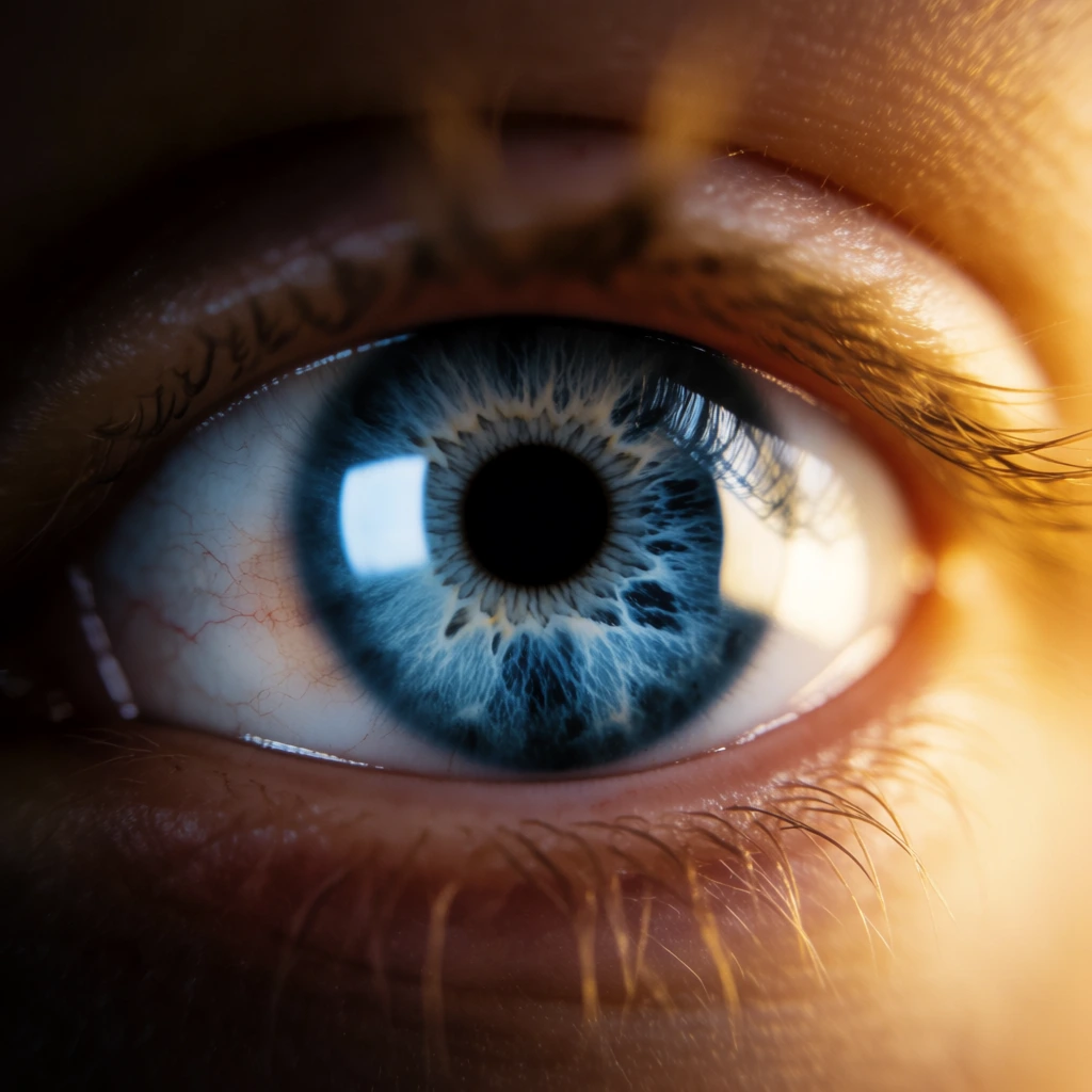 An extreme macro cinematic close-up of a human eye gazing directly forward. The striking azure blue iris dominates the center, patterned with intricate, radiating fibrous textures in dark indigo and pale white around a jet-black pupil. A bright, diffused rectangular reflection curves prominently across the glossy surface on the left. The wet sclera shows a faint red blood vessel near the lower rim. Fine golden-blonde eyelashes sweep outward from the illuminated eyelids on the right side. The surrounding skin is softly lit with a warm amber glow, creating a dramatic color contrast against the icy blue eye. Deep shadows envelop the outer edges of the ultra-wide anamorphic frame, emphasizing the razor-sharp focus on the textured iris.