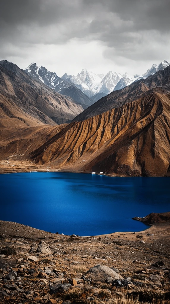 vast alpine landscape featuring a brilliant sapphire-blue lake surrounded by towering barren mountains, rugged earth-toned slopes with steep eroded ridges in brown and ochre, distant jagged snow-capped peaks under an overcast grey sky, rocky desolate foreground with sparse dry vegetation, tiny white structures on the shoreline emphasizing immense scale, wide-angle photography, high contrast, dramatic moody lighting, sharp geological textures