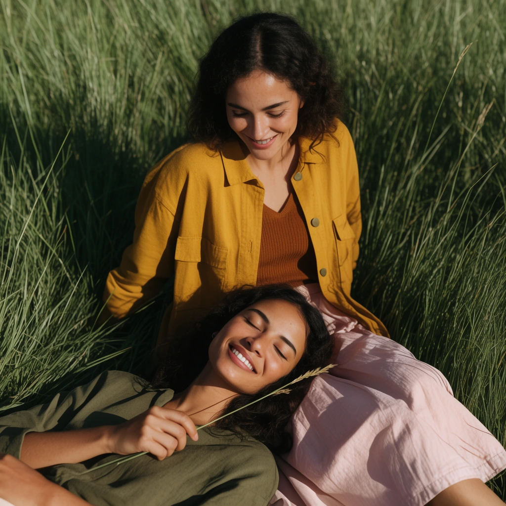 two smiling women relaxing in tall green grass, high angle perspective, woman in foreground resting her head on her companion's lap with closed eyes, wearing an olive green shirt, holding a thin grass stalk, second woman looking down with a gentle smile, wearing a mustard yellow overshirt and light pink skirt, warm natural sunlight, sharp diagonal shadows, earth tone wardrobe, shallow depth of field, cinematic lifestyle photography