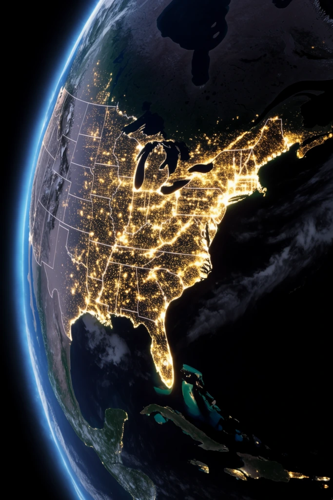 A photorealistic nighttime satellite view of Earth focusing on the glowing city lights of North America. The planet's left edge curves against the black void of space, highlighted by a luminous blue atmospheric halo. Faint white clouds swirl over dark ocean waters. The continental landmass is defined by a sprawling web of brilliant golden lights. Dense metropolitan clusters shine intensely along the eastern seaboard and Florida peninsula, scattering into delicate networks inland. The right hemisphere transitions into deep darkness, creating a high-contrast cinematic composition.