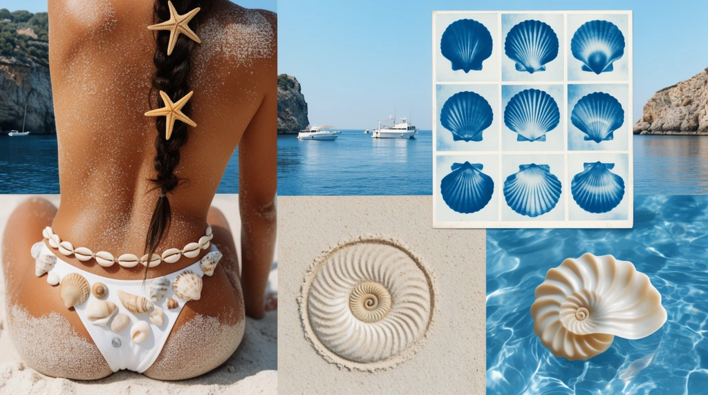 Coastal summer mood board collage, serene seascape background with calm blue water, rocky cliffs, and white boats, overlapping rectangular photo cutouts, nine-panel azure cyanotype seashell grid, close-up of sandy tanned skin in a white bikini decorated with real shells, back resting on white sand with a shell chain, woman with starfish woven into a dark braid, spiral nautilus shell etched in sand, floating 3D scalloped shell, wavy blue water reflections, sun-drenched aesthetic, azure, beige, and white color palette