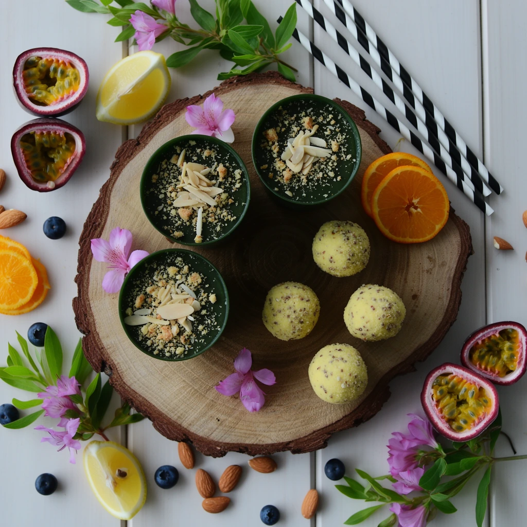 A top-down flat lay on a white grooved wooden table featuring a circular tree-slice platter. The wooden board holds three dark green dessert cups garnished with slivered almonds and crumbs, beside four pale yellow seeded truffles. Scattered around the centerpiece are halved purple passion fruits with vibrant orange centers, bright lemon wedges, orange slices, raw almonds, and blueberries. Delicate pink and purple floral blossoms with fresh green leaves weave through the arrangement. Three black-and-white striped straws lie diagonally in the top right. Soft, diffused natural lighting casts gentle shadows, emphasizing the rustic wood textures, crumbly toppings, and vibrant organic hues of this colorful culinary still life.