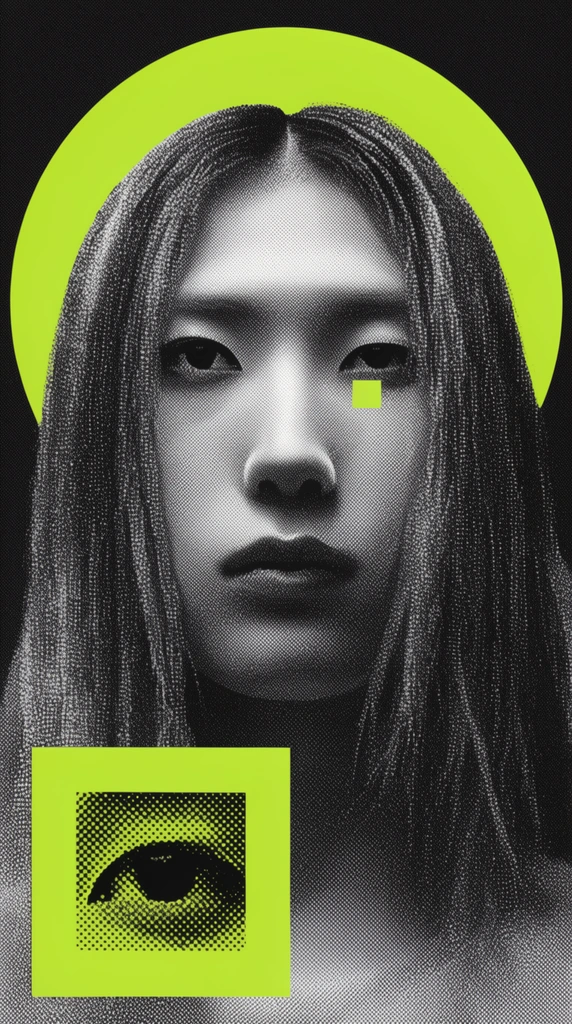 Monochromatic black and white halftone portrait of a person with long hair against a dark background. A bright neon green circle frames the head. A tiny neon green square rests below the right eye. The bottom left features a solid neon green square inset displaying a zoomed-in black halftone eye. Retro-futuristic digital aesthetic with heavy dithering.