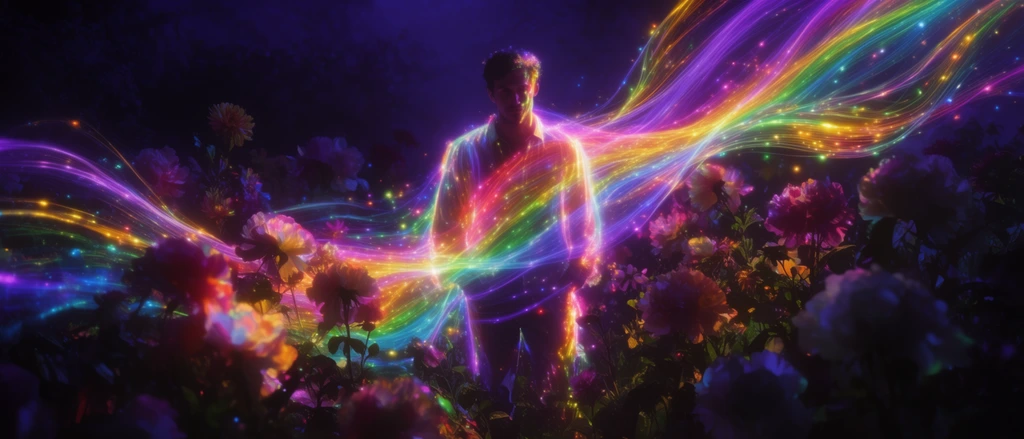 A man standing centrally within a dense field of blooming flowers, illuminated by sweeping, translucent ribbons of vibrant rainbow light cutting through a deep, nocturnal atmosphere. The figure and surrounding floral clusters are bathed in the intense, radiant glow of flowing, fiber-optic-like energy streaks that weave dynamically in brilliant spectral hues of neon purple, magenta, cyan, electric green, and brilliant gold. These luminous waves consist of clustered, glowing strands and floating luminescent particles, casting a soft, prismatic light over the intricate petals and leaves. The intense lighting creates stark, dramatic highlights that emerge from deep, rich silhouettes. The ambient environment is a heavily shadowed expanse of dark indigo and deep violet. The overall visual execution replicates a long-exposure light painting technique defined by extreme high contrast, vivid multi-colored neon luminosity, and smooth, ethereal energy waves dominating a dark, moody, textured nocturnal setting.