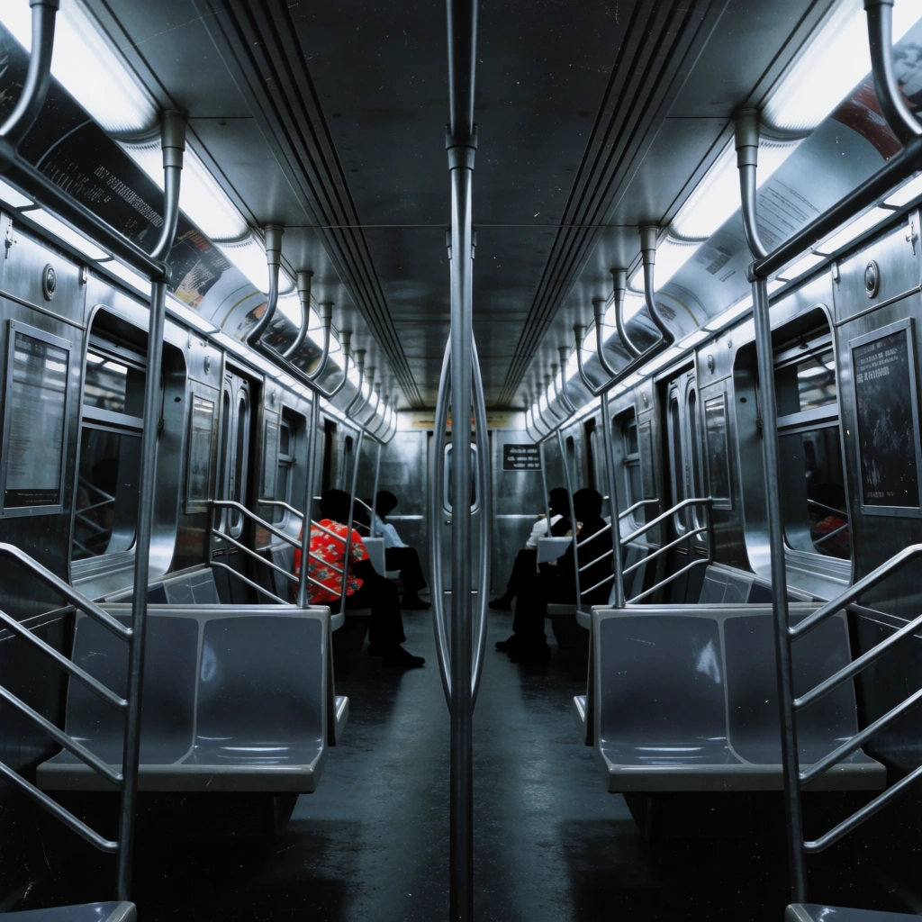 A symmetrical one-point perspective down the center aisle of a moody, dimly lit subway car. Metallic poles and handrails gleam beneath cool overhead fluorescent panels lining a grooved silver ceiling. Dark reflective windows flank rows of empty grey seats in the foreground. A few silhouetted passengers sit further back, with one wearing a vibrant red floral shirt that vividly contrasts the muted grey and blue cinematic color palette. The scene features a subtle vintage film grain.