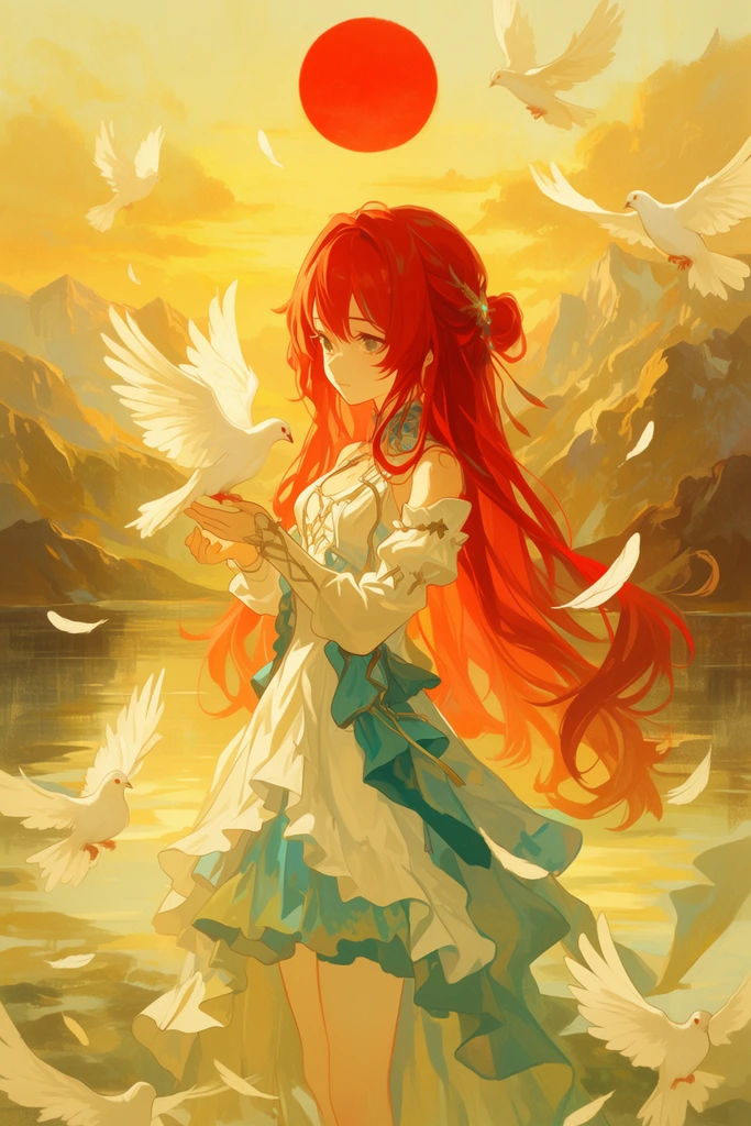 anime girl with long red hair, white and teal ruffled dress, holding a white dove, surrounded by flying doves, serene lake, rugged mountains, large red sun, golden hour sky, painterly 2D illustration, warm ethereal glow, soft gold palette, falling feathers
