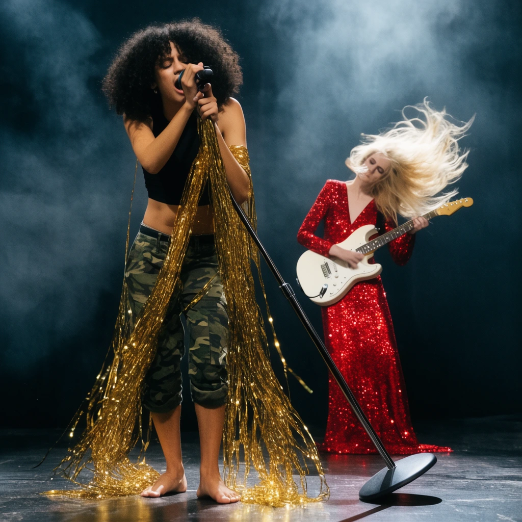A barefoot singer in a black crop top, camo capris, and draped gold tinsel grips a tilted microphone stand on a smoky, backlit stage. Behind them, a guitarist in a sparkling red sequin dress plays a white electric guitar, blonde hair blown wildly back over a dark floor.