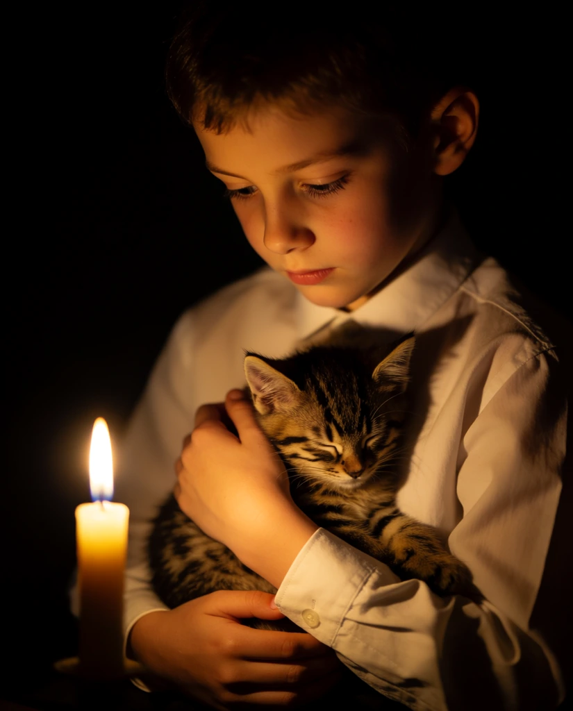 A young boy in a crisp white shirt cradles a sleeping tabby kitten against his chest in pitch darkness, illuminated solely by a glowing taper candle in the lower left. The pale-skinned boy with short brown hair gazes downward at the cat. Dramatic chiaroscuro lighting casts warm, golden highlights across his facial features, his hands, and the kitten's striped fur, fading sharply into deep black shadow. Intimate photographic portrait with striking high-contrast light.