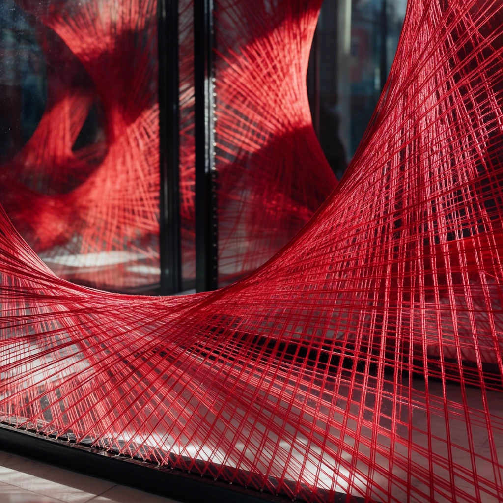 taut crimson threads forming sweeping hyperbolic curves, intricate red string art installation, heavy black structural frames anchoring the tension, layered geometric grids of overlapping lines, reflective glass surface mirroring dense red webbing, bright directional sunlight, illuminated linear texture, deep shadows, blurred background, shallow depth of field, high contrast, dynamic angular composition, abstract geometric tension