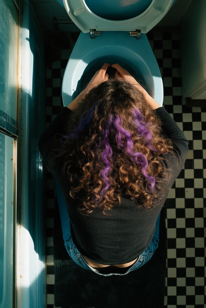 overhead shot, person leaning over a light blue toilet, long curly brown hair with purple streak, black long-sleeve shirt, blue jeans, black and white checkerboard tile floor, glass shower edge on left, dark bath mat, sharp cinematic lighting, stark diagonal shadows, high contrast, top-down perspective, gritty cinematic atmosphere