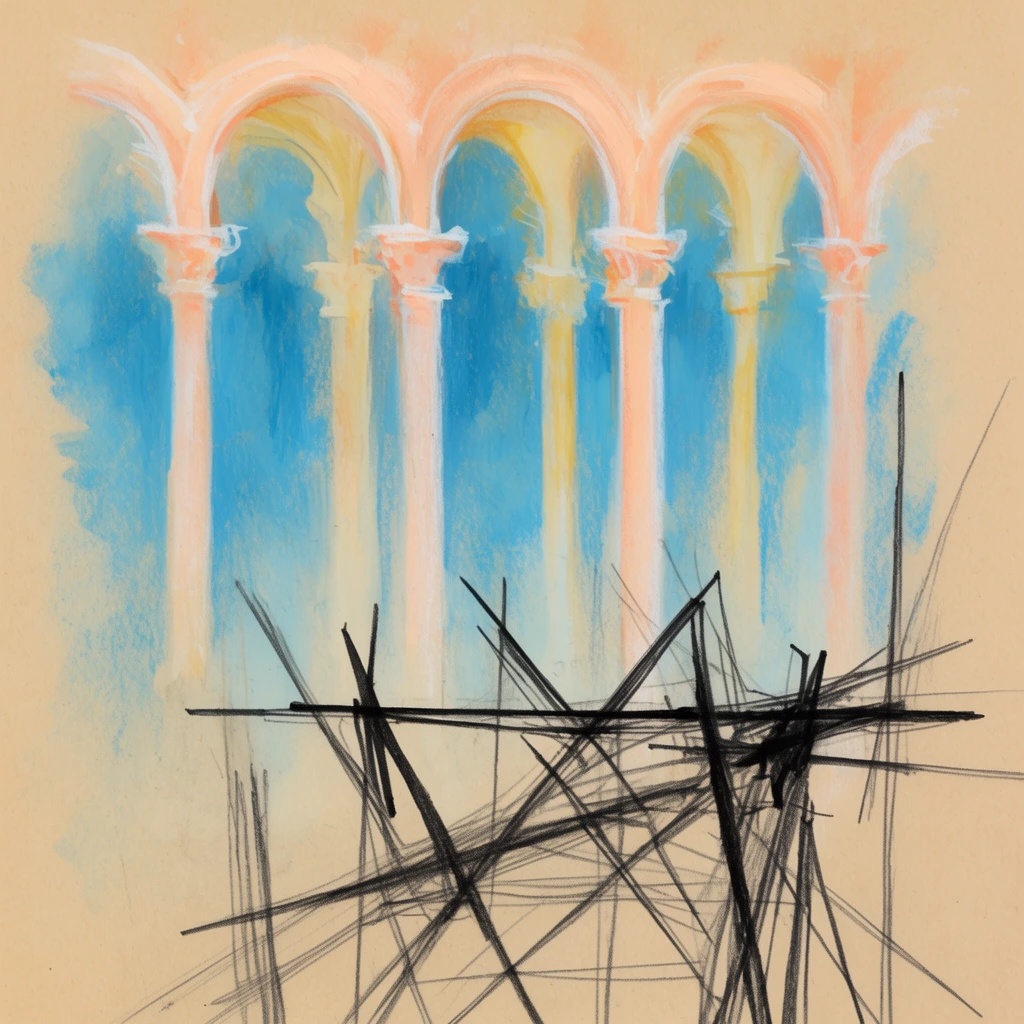 An expressive mixed-media sketch on tan paper featuring delicate peach and pale yellow classical arches emerging from vibrant cerulean blue shading. Sharp, erratic black graphite lines in the foreground form an abstract structural device, contrasting aggressively against the ethereal, softly blended colonnade.