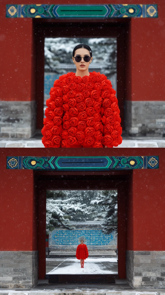 A vertical diptych captures a striking fashion portrait within a traditional East Asian courtyard during an active snowfall. The top panel features a medium shot of a woman centered behind a red architectural gateway with an ornate teal, green, and gold painted crossbeam. She wears dark round sunglasses and a voluminous, sculptural bright red outfit constructed entirely of tightly clustered fabric roses. The bottom panel presents an extreme wide shot of the identical setting, shrinking the woman to a tiny focal point far down a snow-dusted stone path. This deep perspective reveals a distant wall with intricate blue tilework and snow-capped pine trees. Both sections share a perfectly symmetrical composition, utilizing the deep red foreground walls as a dramatic frame-within-a-frame to amplify the vivid contrast between the crimson clothing, pristine white snowflakes, and historic architectural details under soft, diffused winter lighting.