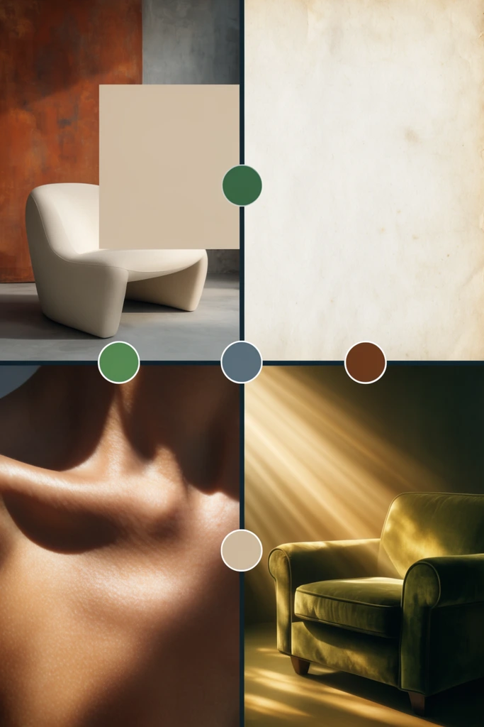 A four-paneled mood board divided by dark intersecting lines accented with small circular color swatches in green, slate, beige, and brown. The top-left quadrant features a curved, monolithic cream armchair partially overlaid by a solid beige square against a rust and gray wall. The top-right panel displays an expanse of textured, off-white parchment. The bottom-left shows a high-contrast macro photograph of sunlit human skin highlighting the deep shadows of a collarbone. The bottom-right captures an olive green velvet armchair illuminated by striking diagonal rays of golden light.