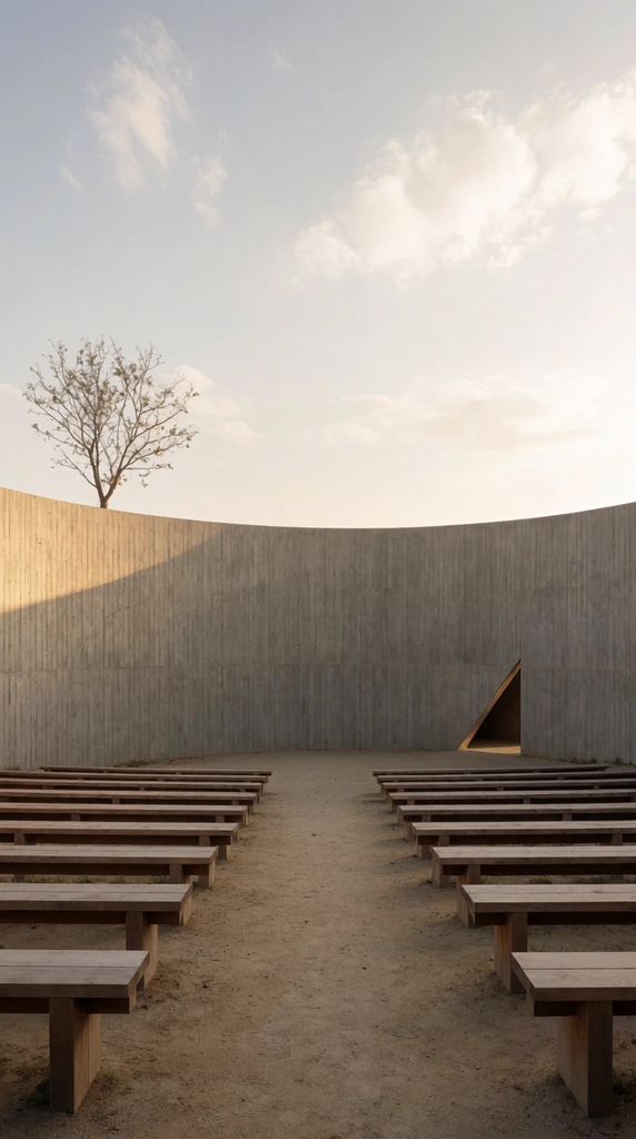 minimalist outdoor amphitheater, sweeping curved textured concrete wall, symmetrical rows of simple wooden benches on sandy ground, solitary leafless tree above the left edge, small triangular cutout in the concrete, soft warm sunlight, muted earth tones, pale sky with wispy clouds, serene architectural photography