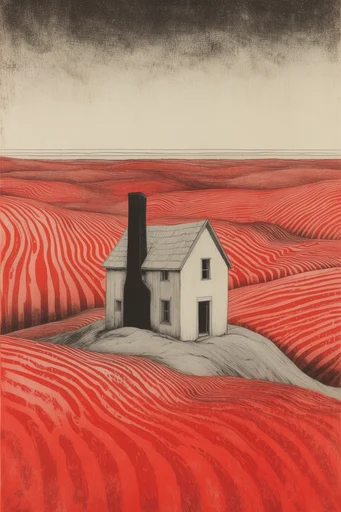 Graphic Surrealist Topography style reference image — high-contrast crimson palette