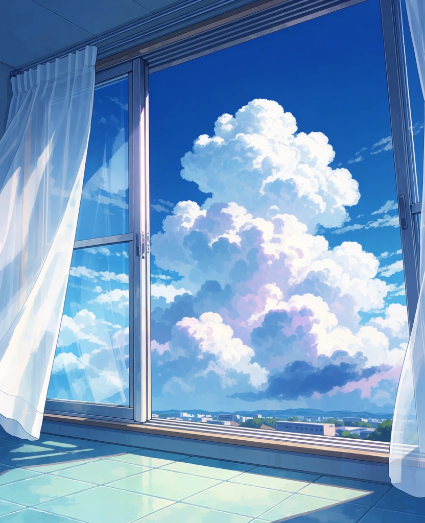 sunlit bedroom by giant window, towering clouds and blue sky, anime illustration, serene airy summer vibe