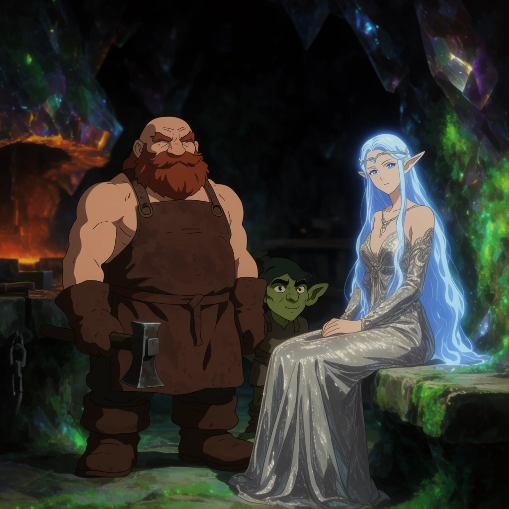stout dwarven blacksmith in a heavy leather apron, glowing blue-haired elven woman seated gracefully on a stone bench in a silver gown, small goblin peering from behind the dwarf, dark subterranean crystalline forge, green bioluminescent moss, deep dramatic shadows, traditional 2D anime animation style, cinematic lighting