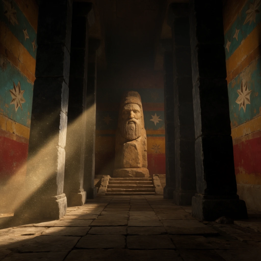 A dimly lit ancient stone corridor flanked by massive dark grey square pillars leading to a monolithic tan-colored stone statue of a bearded face atop a short flight of stairs. Deep shadows stretch across the rectangular stone floor tiles. The walls display horizontal bands of worn teal, ochre, and deep red paint adorned with carved pale star-shaped motifs. A dramatic diagonal shaft of light cuts across the left foreground pillar, illuminating swirling golden dust motes in the heavy air. The distant monument is softly illuminated against the surrounding gloom of the cavernous interior. The scene features cinematic high-contrast lighting, atmospheric depth, and rough weathered masonry textures.