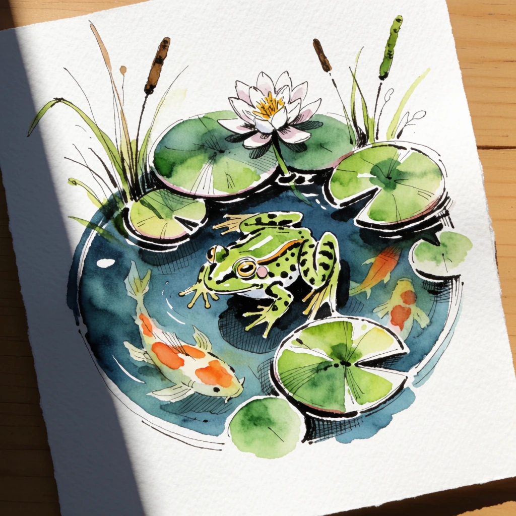 ink and watercolor illustration of a green frog in a circular dark blue pond, top-down perspective, flat green lily pads, single white blooming water lily, thin reeds, orange koi fish submerged in water, loose expressive black ink linework, delicate cross-hatching, vibrant watercolor washes, painted on textured white paper, strong natural sunlight casting a heavy shadow on the left side, wooden surface background