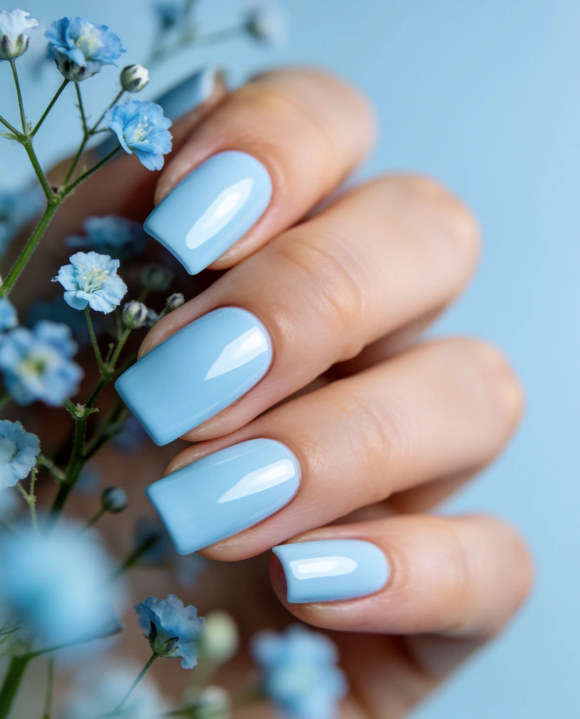 close-up of an elegant hand with glossy pastel blue square manicured nails, fingers gently curled among delicate small blue flowers and green stems, soft monochromatic light blue background, macro photography, shallow depth of field, soft diffused lighting, sharp focus on the central fingernails, blurred floral bokeh in the extreme foreground