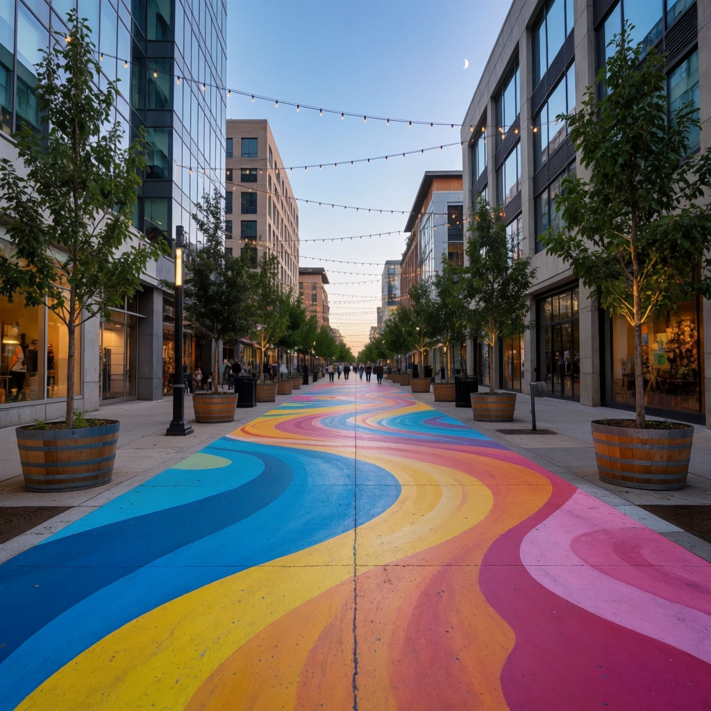 A brightly painted pedestrian street featuring swirling, abstract waves of vivid blue, yellow, pink, and orange leads into the distance with strong one-point perspective. Young trees in wooden barrel planters line the sidewalks on both sides, flanking the colorful pavement. Modern multi-story glass and concrete buildings tower above the urban corridor. Overhead, delicate string lights crisscross against a clear twilight sky displaying a faint crescent moon. Distant pedestrians stroll near the vanishing point under the soft, ambient dusk lighting.