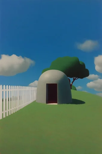 Surrealist Liminal Pastoralism style reference image — hard directional shadows