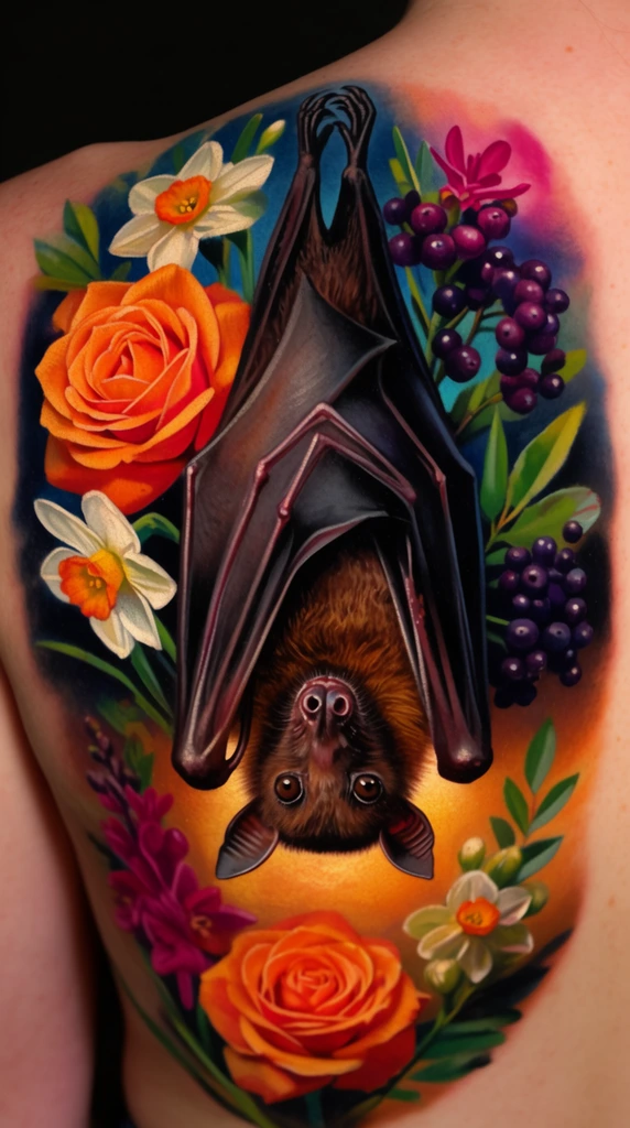 highly detailed color tattoo on a human back, upside-down brown fruit bat with folded wings, surrounded by vibrant botanical art, blooming orange roses, white daffodils, deep purple berries, magenta flowers, green foliage, shaded background transitioning from dark blue to a warm glowing golden-orange base, realistic painterly style, curved over the shoulder contour