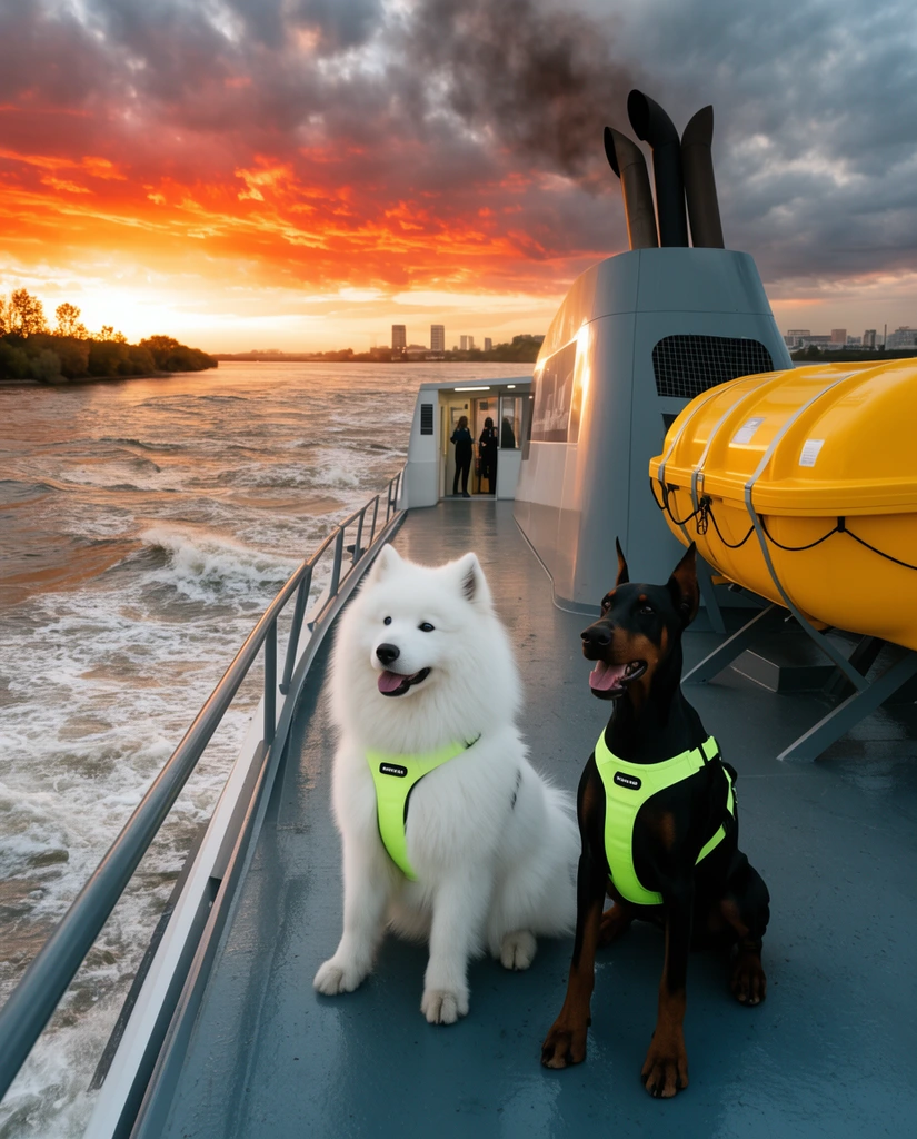 A fluffy white Samoyed and a sleek black Doberman in neon harnesses sit on the steel deck of a modern ferry. A bright yellow life raft is mounted against a gray exhaust funnel behind them. The vessel navigates a choppy river under a fiery sunset. Cinematic wide shot, high contrast photorealism.