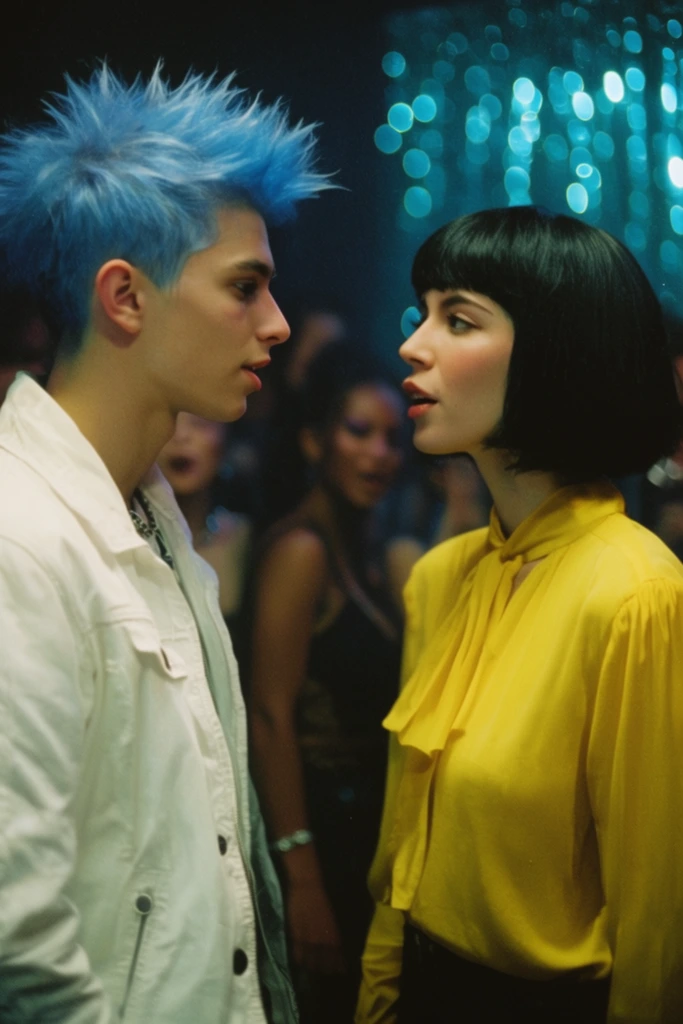 young man with spiky blue hair in a white jacket, woman with a black bob in a yellow blouse, conversing face to face, dark club setting, out-of-focus crowd, backdrop of glowing cyan bokeh lights, cinematic lighting, shallow depth of field, 35mm film
