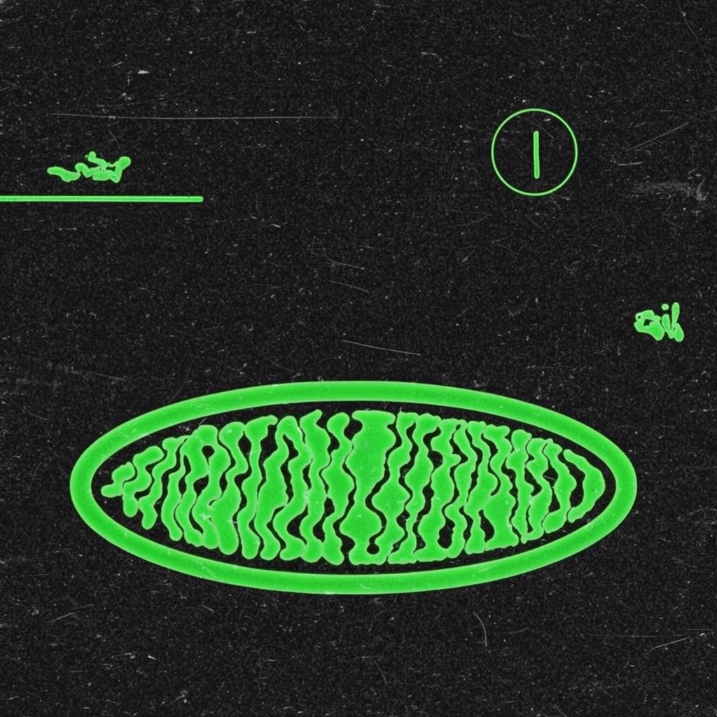A minimalist graphic composition set against a heavily distressed, static-filled black background. A glowing neon green, horizontally stretched oval dominates the lower center, thickly outlined and packed with dense, wavy, organic green shapes. In the upper left, a thin horizontal neon green line rests beneath a small cluster of abstract green marks. The upper right features a delicate green circle enclosing a single vertical stroke, while another tiny, isolated bright green form hovers lower on the right edge. The deep black backdrop is heavily textured with fine white scratches, dust particles, and a grainy, lo-fi film noise. The stark contrast between the luminous green geometric abstractions and the dark, gritty surface creates a raw, edgy aesthetic.
