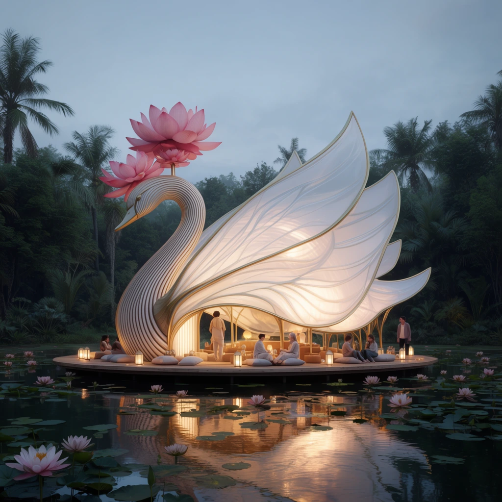 A swan-shaped architectural pavilion rests on a circular wooden deck over a dark lily pond. The structure features a curved ribbed neck holding giant pink lotus flowers and massive translucent white wings edged in gold that form a luminous canopy. Warm light glows inside, illuminating people sitting on cushions or standing. Small lanterns line the deck. The water reflects the glowing structure amidst lily pads and blooming lotuses. Dense tropical trees and palms back the scene under a cool twilight sky. Rendered in a photorealistic architectural visualization style with contrasting warm and cool lighting.