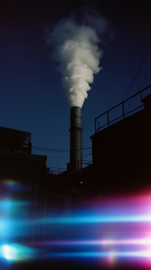 A towering cylindrical smokestack emitting a dense, billowing plume of white smoke rises centrally against a deep navy blue twilight sky. Dark, silhouetted industrial buildings, metal railings, and utility wires heavily frame the smokestack in the foreground and midground. The high-contrast, low-key scene features a distinct analog film photography aesthetic, highlighted by vibrant, horizontal light leaks and anamorphic lens flares across the bottom foreground in striking streaks of cyan, bright blue, and magenta.