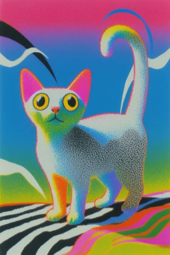 Tactile Neo-Psychedelic Pointillism style reference image — retro-futuristic color blocking