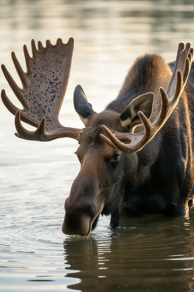 A large bull moose with massive palmate antlers wades forward through calm water. Submerged to its chest, the animal's dark, elongated snout skims the surface to generate gentle concentric ripples. The sprawling antlers feature a textured, velvety surface dotted with dark pores. Warm, directional sunlight creates a crisp rim light along the moose's wet brown fur and antler edges. The surrounding water reflects soft hues of silver and pale gold. Shot as high-resolution wildlife photography, a shallow depth of field keeps the animal in sharp focus against a softly blurred, tranquil aquatic background.