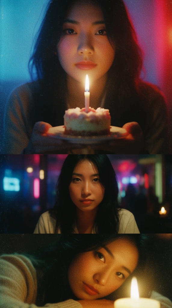 four-panel vertical collage of cinematic film stills, close-up of a young Asian woman with dark hair in soft neon blue and red lighting, hands holding a small cake with a single lit candle, medium portrait of the woman looking at the camera in a dark room with neon lights, close-up of the woman resting her head on her arms lit by a warm candle glow, heavy film grain, moody atmosphere, vintage photography