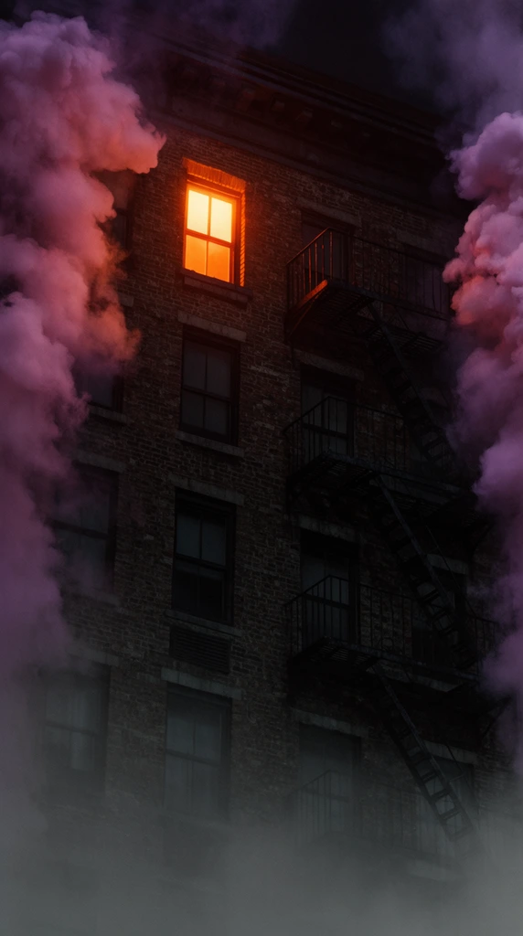 dark brick apartment building facade at night, single intense glowing orange window on top floor, dark unlit windows below, thick billowing purplish pink smoke framing edges, dense grey fog at base, black metal fire escape on right side, gritty urban atmosphere, cinematic lighting, dramatic high contrast, moody color palette
