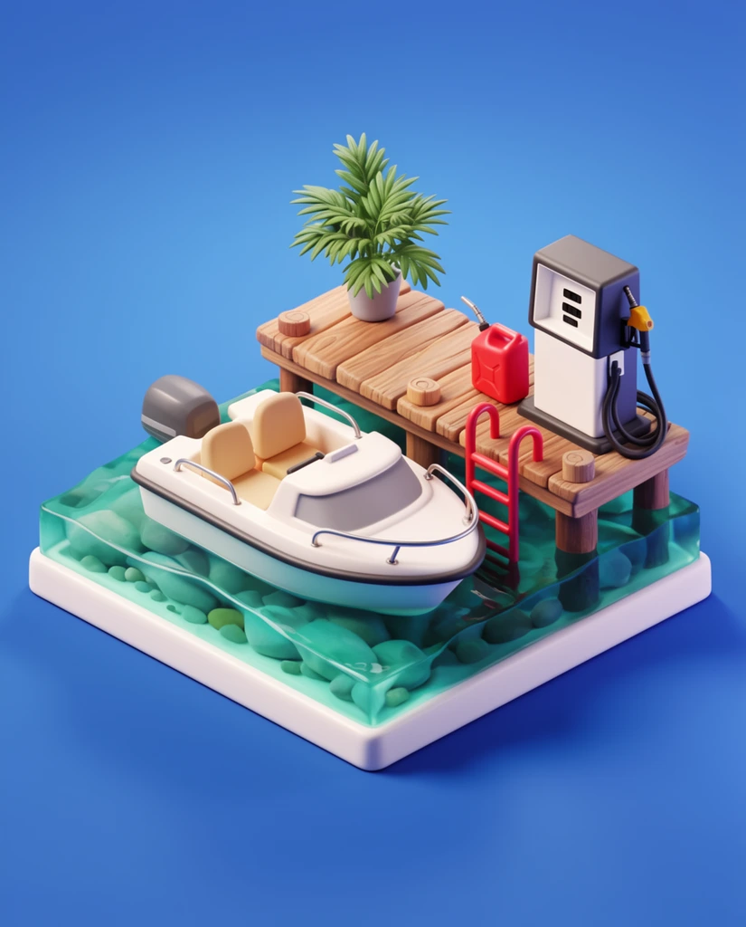 3D isometric diorama, stylized white motorboat docked at a wooden pier, translucent turquoise water over smooth rocks, red metal ladder, modern fuel pump, red gas can, potted palm tree, smooth matte textures, vibrant pastel colors, soft studio lighting, solid blue background
